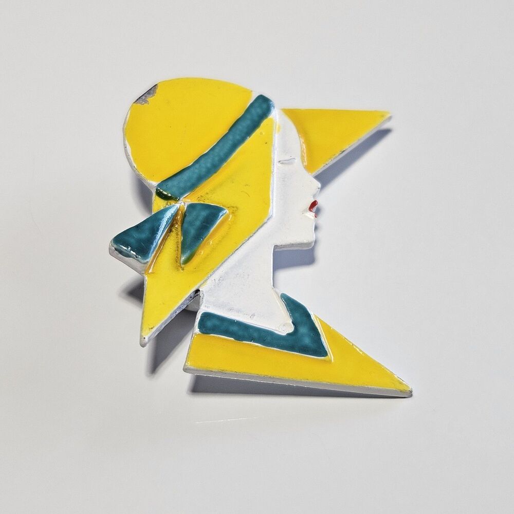 Vintage Colorful Yellow Teal Enamel Woman Silhouette Brooch